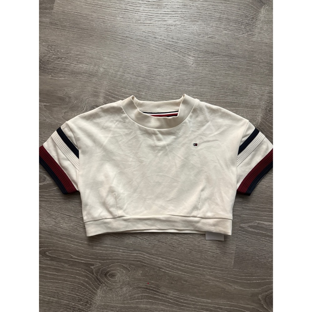 Tommy Hilfiger Girls Global Cropped Striped Short Sleeve Logo Size 7 Cream